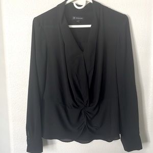 INC Black V neck,  twist-front, sheer blouse